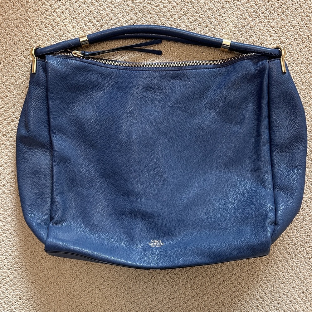 Vince Camuto Navy Pebbled Leather Slouchy Shoulder Bag with Gold Hardware